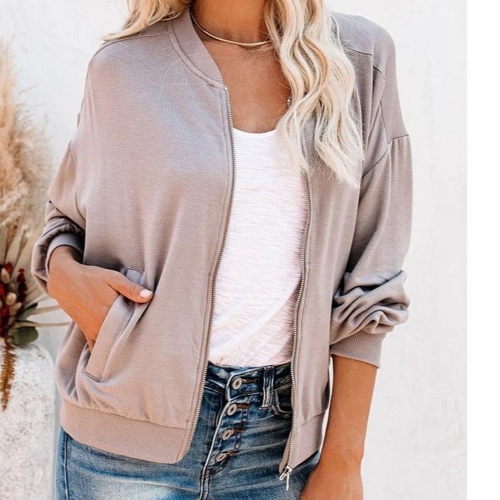 Love Stitch Bomber Jacket Zip Up Soft Stretchy Small Taupe Activewear Casual